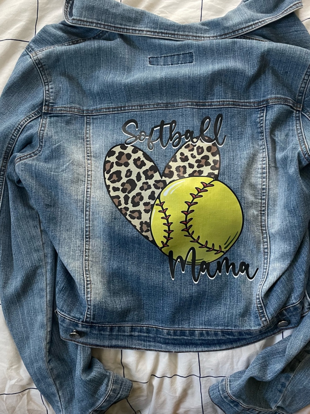 Denim Jacket with Neon Yellow Softball & Leopard Heart Graphic